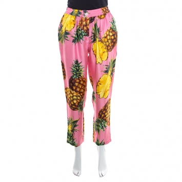 Pre Owned Dolce and Gabbana Pink Pineapple Printed Silk Elasticized Waist Pyjama Pants M