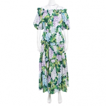 مملوكة مسبقًا Dolce and Gabbana Hydrangea Printed Cotton Tiered Off Shoulder Maxi Dress M