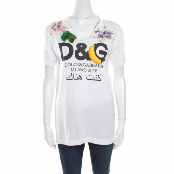 مملوكة مسبقًا D&G White "I Was There" Arabic Print Floral Applique Bianca T- Shirt S