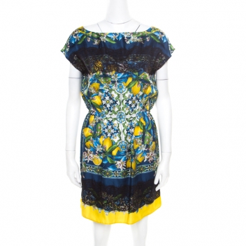 Pre Owned Dolce and Gabbana Lemon Mosaic Printed Silk Lace Trim Tunic Dress M