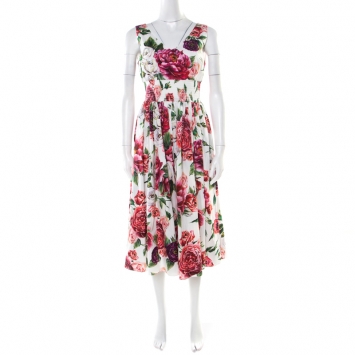 مملوكة مسبقًا Dolce and Gabbana White Rose Printed Cotton Smocked Waist Detail Sleeveless Dress S