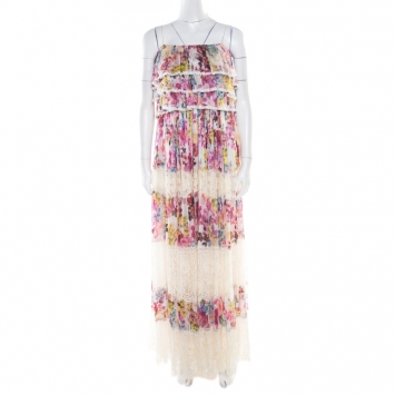 Pre Owned D&G Multicolor Floral Printed Silk and Lace Paneled Tiered Bodice Maxi Dress S 