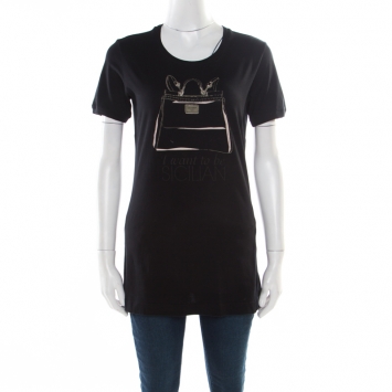 Pre Owned Dolce and Gabbana Black I want to be Sicilian Bag Printed T-Shirt M