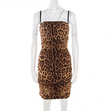 Pre Owned Dolce and Gabbana Brown Animal Printed Ruched Sleeveless Dress S