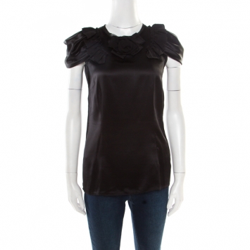 Pre Owned Dolce and Gabbana Black Satin Floral Applique Detail Ruffled Sleeve Blouse S
