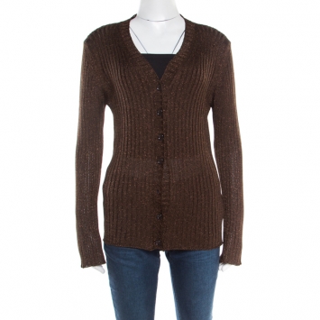 Pre Owned Dolce and Gabbana Chocolate Brown Lurex Insert Button Front Cardigan M
