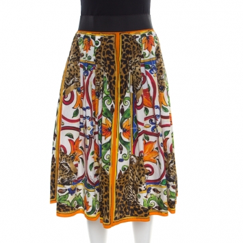 Pre Owned Dolce and Gabbana Multicolor Majolica Leo Tile Print Cotton A Line Skirt M
