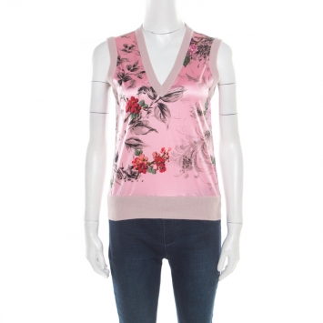 Pre Owned Dolce and Gabbana Pink Floral Printed Paneled Cashmere Sleeveless Sweater S