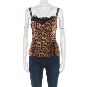 Pre Owned Dolce and Gabbana Brown and Black Animal Printed Ruched Bustier Top S