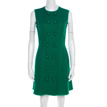 Pre Owned Dolce and Gabbana Green Textured Wool Double Breasted Sleeveless Dress S