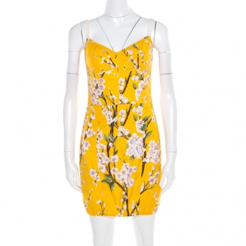 Pre Owned Dolce and Gabbana Yellow Almond Blossom Print Cotton Bustier Sheath Dress S