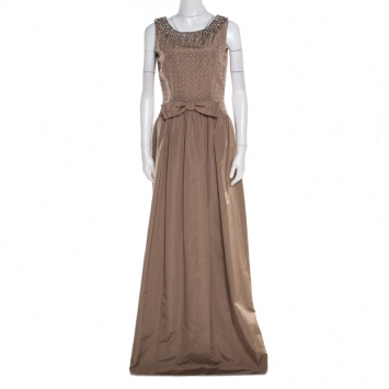 Pre Owned Dolce & Gabbana Brown Embellished Silk  Sleeveless Gown M