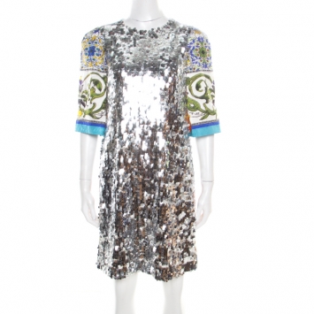 Pre Owned Dolce and Gabbana Majolica Print Embossed Jacquard Sequined Shift Dress S