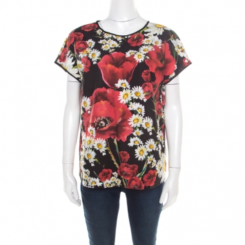 Pre Owned Dolce & Gabbana Black Poppy and Daisy Printed Cotton Poplin Top M