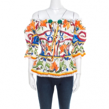Pre Owned Dolce and Gabbana Multicolor Majolica Printed Cotton Smocked Off Shoulder Blouse M