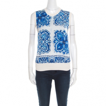 Pre Owned Dolce and Gabbana Blue and White Majolica Print Panel Sleeveless Silk Top M
