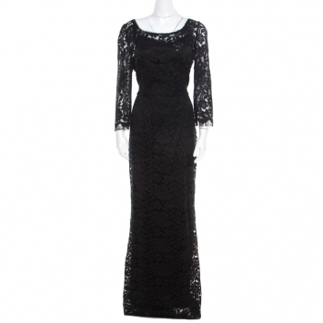 Pre Owned Dolce and Gabbana Black Floral Lace Scalloped Trim Long Sleeve Maxi Dress M