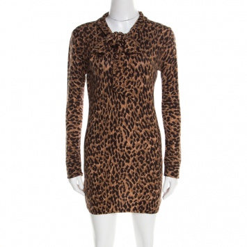 Pre Owned Dolce & Gabbana Brown Leopard Print Cashmere Neck Tie Detail Tunic S