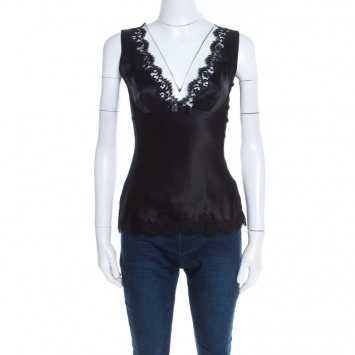 Pre Owned Dolce and Gabbana Black Satin and Jersey Lace Trim Sleeveless Top S
