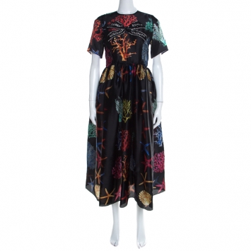 مملوكة مسبقًا Dolce and Gabbana Black Coral Printed Silk Embellished Bow Detail Maxi Dress S