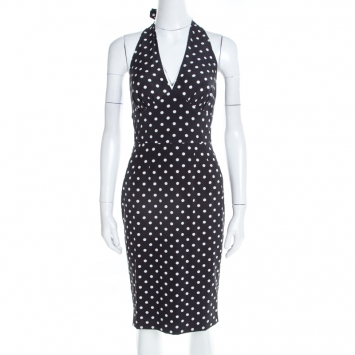 Pre Owned Dolce and Gabbana Black Polka Dotted Silk Halter Dress S