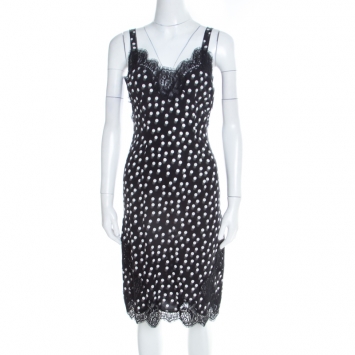 Pre Owned Dolce and Gabbana Black Polka Dotted Silk Lace Trim Sleeveless Dress S