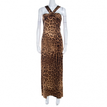 Pre Owned Dolce & Gabbana Leopard Print Silk Knit Pleated Bodice Gown L