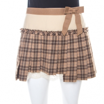 Pre Owned Dolce and Gabbana Caramel Brown Tartan Wool Lace Trim Pleated Mini Skirt M