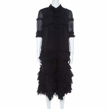 Pre Owned Dolce and Gabbana Black Silk Ruffle Layered Midi Dress M 
