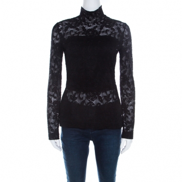 Pre Owned Dolce and Gabbana Black Stretch Lace Zip Front Top S