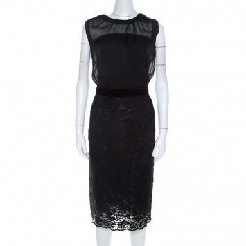 Pre Owned Dolce & Gabbana Black Sheer Silk Bodice Cap Sleeve Lace Dress S