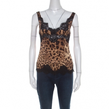 Pre Owned Dolce and Gabbana Brown Leopard Print Silk and Lace Trim Camisole Top S