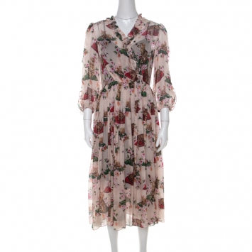 Pre Owned Dolce & Gabbana Multicolor Cat and Floral Print Silk Ruffled Trim Midi Dress M