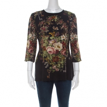 Pre Owned Dolce & Gabbana Black Antique Key and Floral Print Crepe Long Sleeve Blouse L
