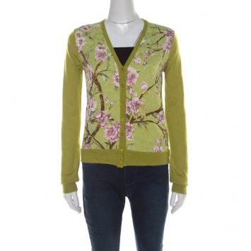 Pre Owned Dolce and Gabbana Lime Green Cashmere Blend Floral Jacquard Panel Sweater M