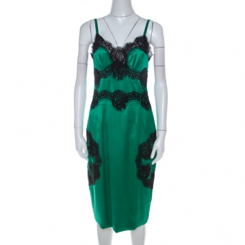 مملوكة مسبقًا Dolce and Gabbana Green Silk Blend Contrast Lace Trim Midi Slip Dress M