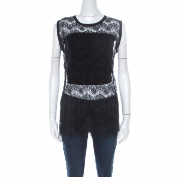 Pre Owned Dolce and Gabbana Black Floral Lace Sleeveless Mesh Top M 