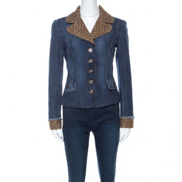 Pre Owned Dolce & Gabbana Blue Denim Floral Lining Wool Collar Detail Jacket M