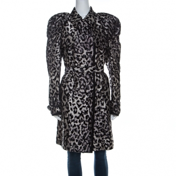 Pre Owned Dolce and Gabbana Grey Leopard Pattern Textured Silk Puff Sleeve Trench Coat L