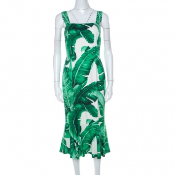 مملوكة مسبقًا Dolce and Gabbana Green & White Banana Leaf Print Ruffle Hem Sleeveless Dress M