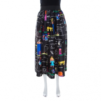 Pre Owned Dolce and Gabbana Black Chldren's Painting Print Mikado Silk Flared Skirt M