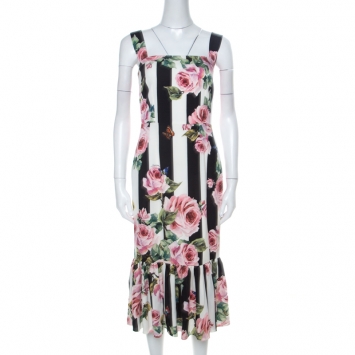 Pre Owned Dolce and Gabbana Black & White Striped Floral Print Stretch Silk Dress M 