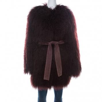 Pre Owned Dolce & Gabbana Burgundy Lamb Shearling Fur Belted Mongolian Coat S