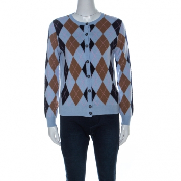 Pre Owned Dolce & Gabbana Light Blue Argyle Print Wool Blend Cardigan M
