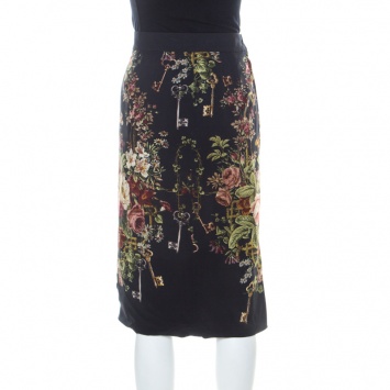 Pre Owned Dolce & Gabbana Dark Grey Floral Print Crepe Sheath Skirt S
