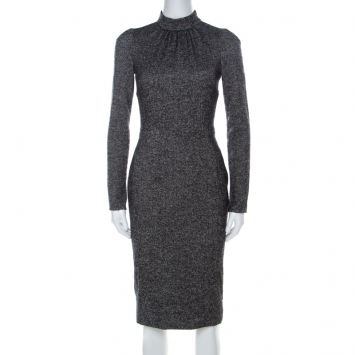 Pre Owned Dolce and Gabbana Tonal Grey Wool Blend Tweed Long Sleeve Sheath Dress XS
