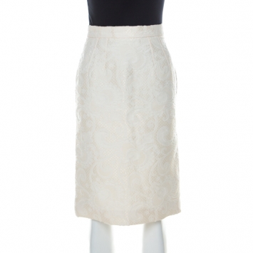 Pre Owned Dolce and Gabbana Off-White Cotton & Silk Blend Embossed Jacquard Sheath Skirt XS