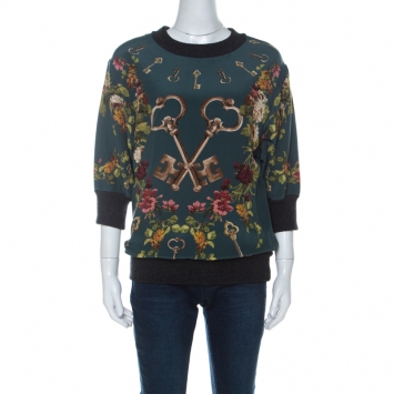 Pre Owned Dolce and Gabbana Green Key Print Silk & Wool Three Quarter Balloon Sleeve Jumper XS