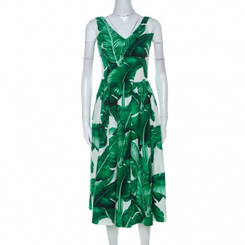 Pre Owned Dolce and Gabbana Banana Leaf Print Cotton Poplin Dress S