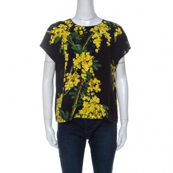 Pre Owned Dolce and Gabbana Black and Yellow Floral Acacia Print Crepe French Sleeve Top M